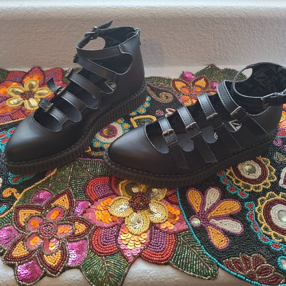 Black TUK vegan leather ankle strap pointed toe platform ballet shoes